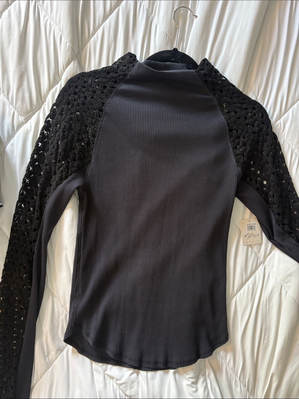Free People Black Ribbed Top with Crochet Lace Sleeves